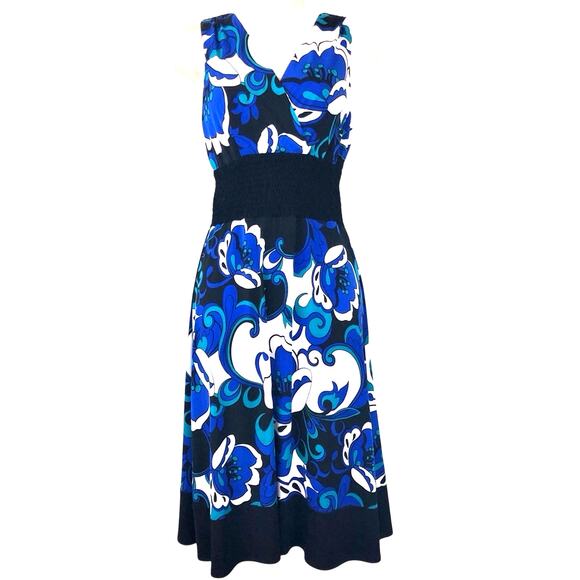 Rabbit Rabbit Rabbit Blue Floral Fit & Flare Dress Sleeveless Black Trim V Neck - Picture 1 of 16